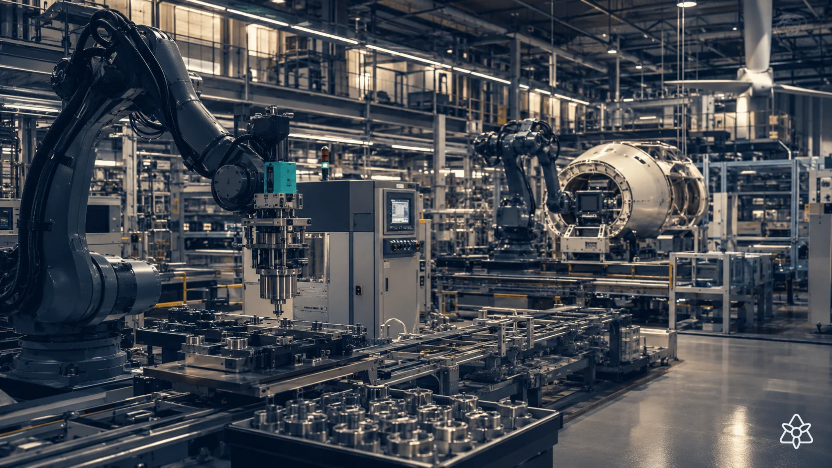 Modern factory with multiple types of machinery operating