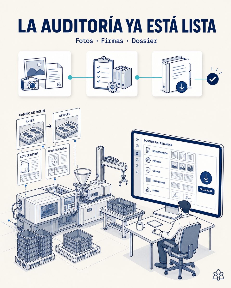 Responsable de calidad de una planta de plástico técnico descargando el dossier de auditoría de un período, ya organizado por estándar