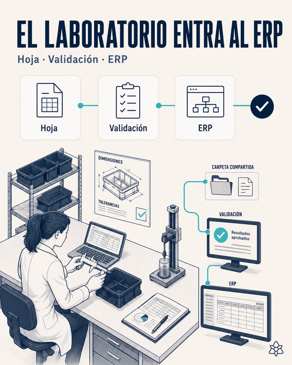 Técnico de laboratorio midiendo cotas de una pieza inyectada mientras iLEAN vuelca los resultados validados al módulo de calidad del ERP