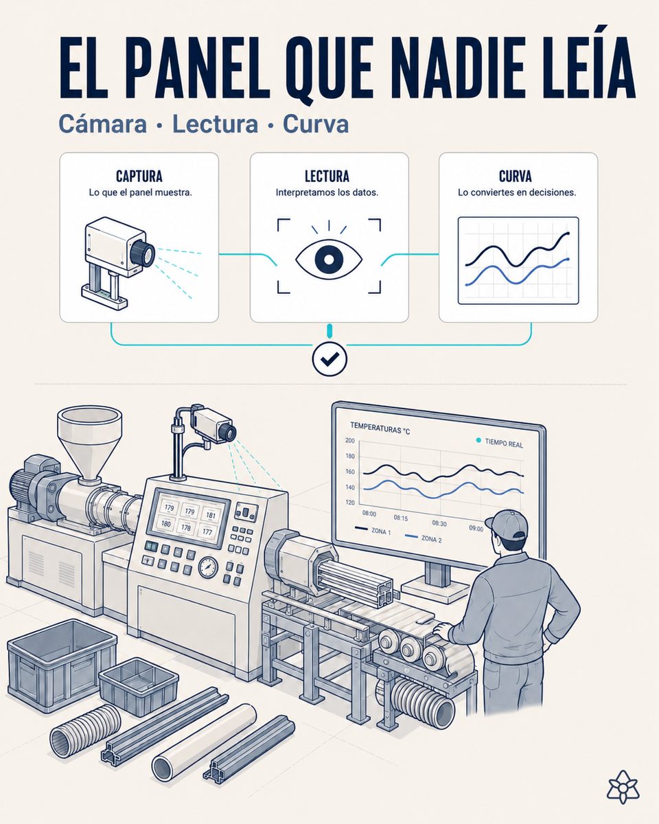 Cámara industrial fija apuntando al panel de una extrusora antigua, con la curva de temperatura y velocidad reconstruida en una pantalla junto a la línea