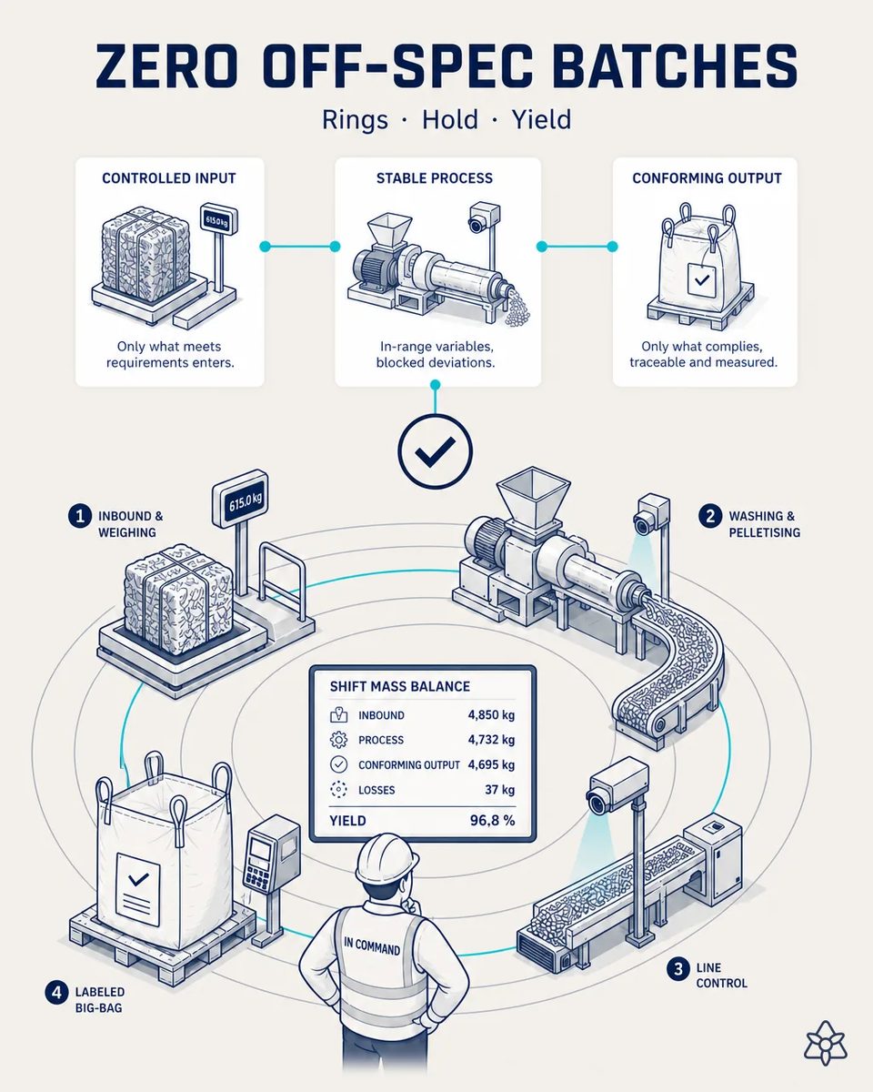 Overview of a plastics recycling plant with the four control rings represented from the bale yard through to the pellet truck