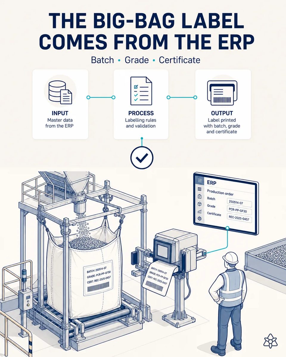 Big-bag bagging station for recycled pellet with its print-and-apply unit printing the batch and grade label, with the operator confirming the active order