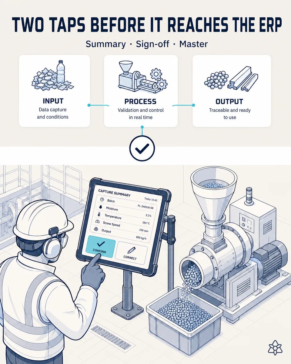 Operator confirming with gloves on an industrial tablet at the pelletiser the summary of the captured blend sheet, with the uncertain field highlighted