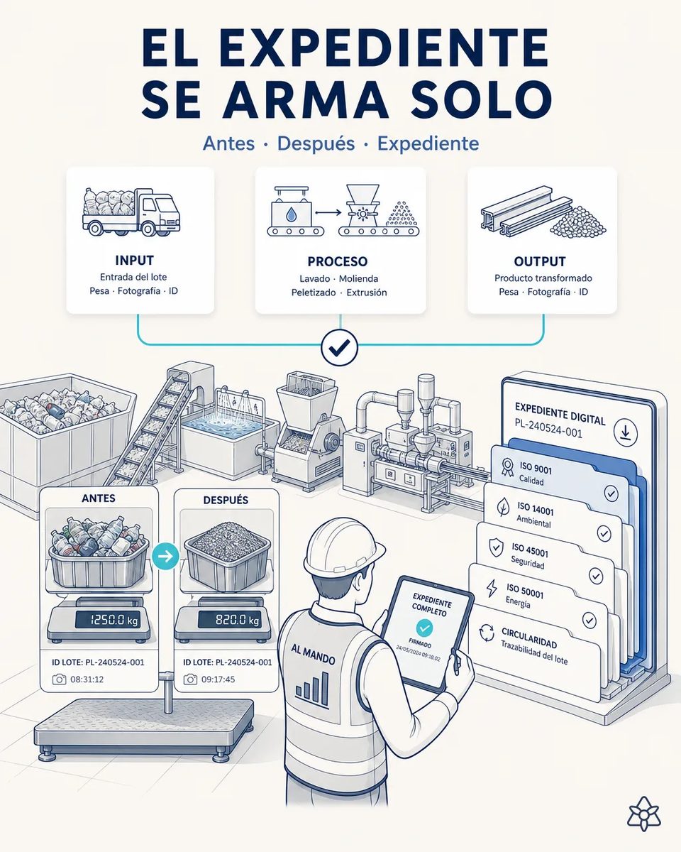 Responsable de calidad revisando en pantalla el expediente de una destrucción certificada, con las fotos del material antes y después y las pesadas firmadas