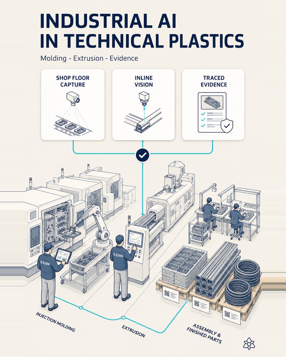 Technical plastics processing plant with injection molding machines, an extrusion line and an assembly area