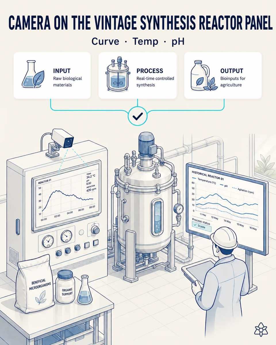 Fixed camera mounted on the control cabinet of a stainless steel fermenter, reading the temperature, pH and agitation curve on its panel, while a technician reviews the batch history on a large screen