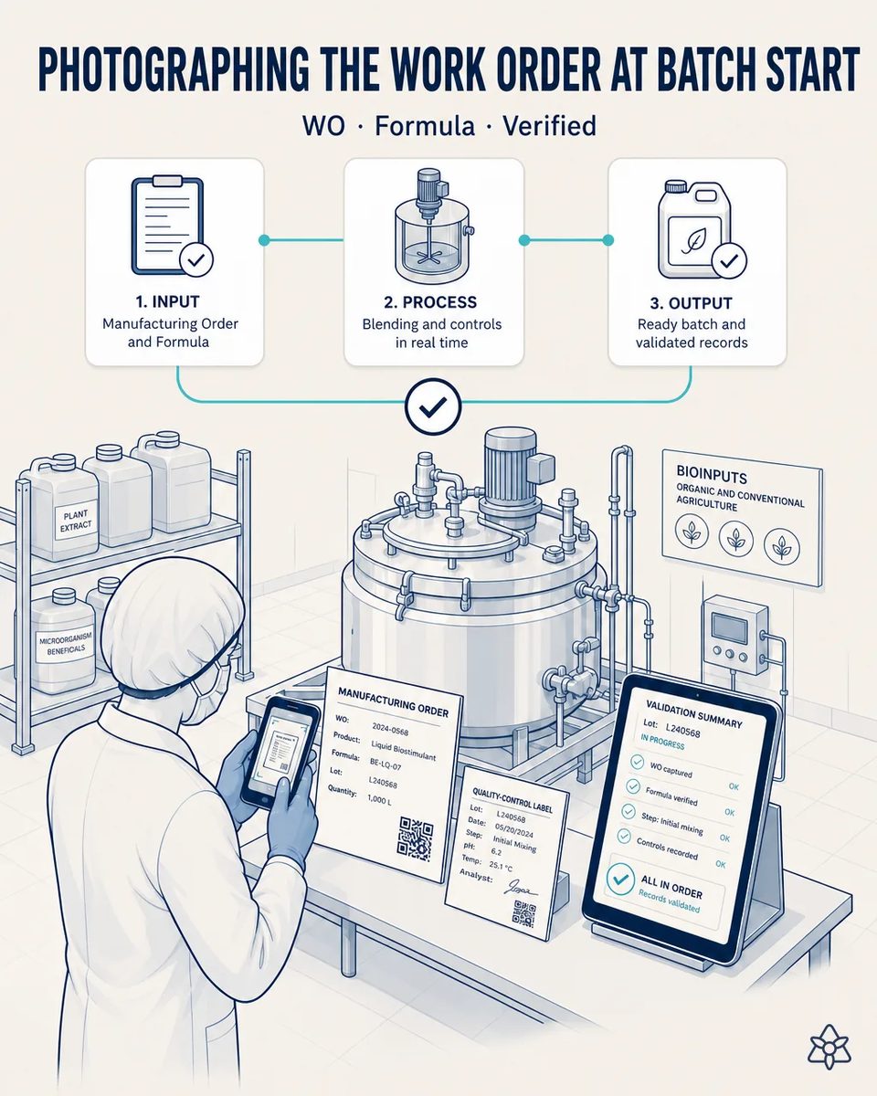 Operator in hairnet and gloves photographing the printed manufacturing order and the quality-control label of a liquid biostimulant batch beside a formulation tank, with a tablet showing the validation summary
