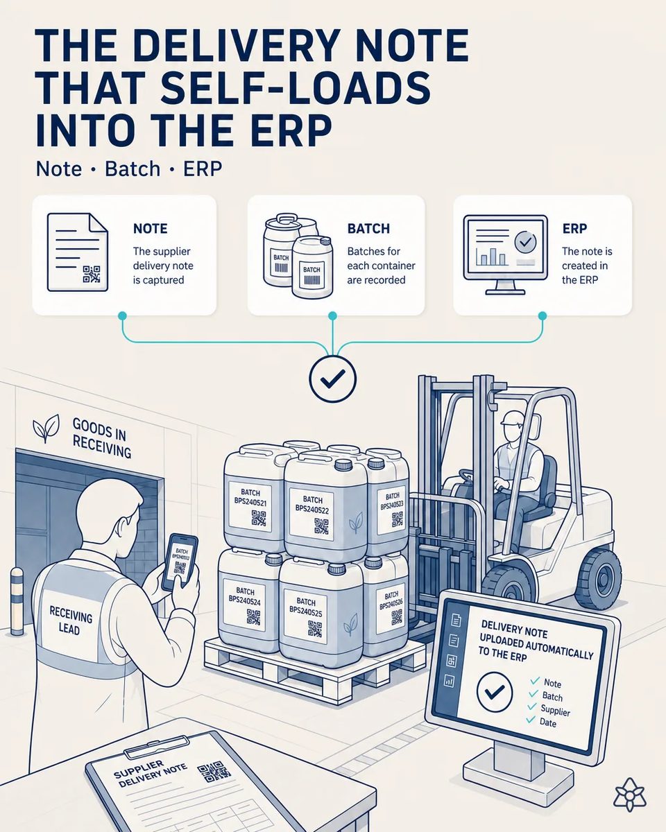 Receiving lead in a hi-vis vest photographing batch labels with QR codes on a pallet of raw-material jerrycans at the goods-in dock, a forklift behind and a screen confirming the delivery note loaded into the ERP