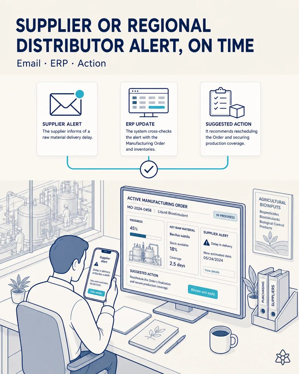 Planner at a desk receiving a phone alert about a delayed Bacillus subtilis delivery, with a monitor showing the active manufacturing order, its stock coverage and a suggested rescheduling action