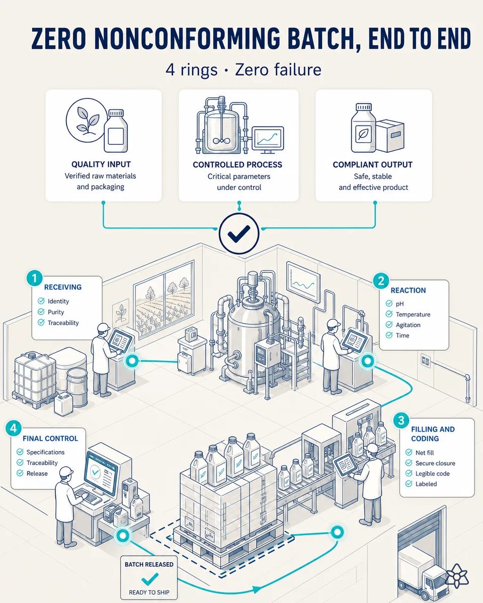 Bioinput plant in four numbered stages — receiving, reaction, filling and coding, final control — with operators at tablets and a released pallet of jerrycans heading to a truck at the dock