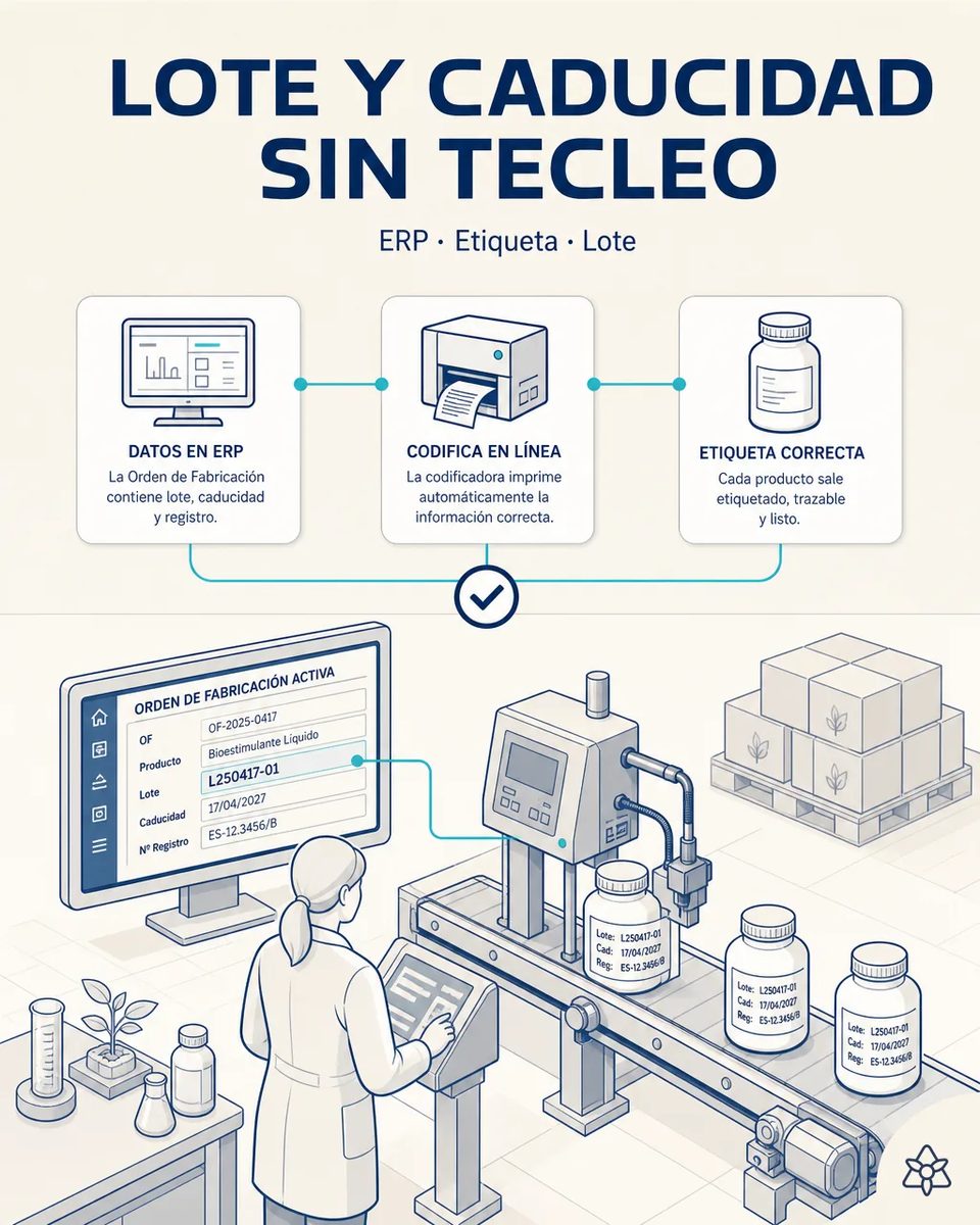 Operaria ante la codificadora de una línea de frascos que imprime lote, caducidad y número de registro tomados de la orden de fabricación activa que se ve en el monitor
