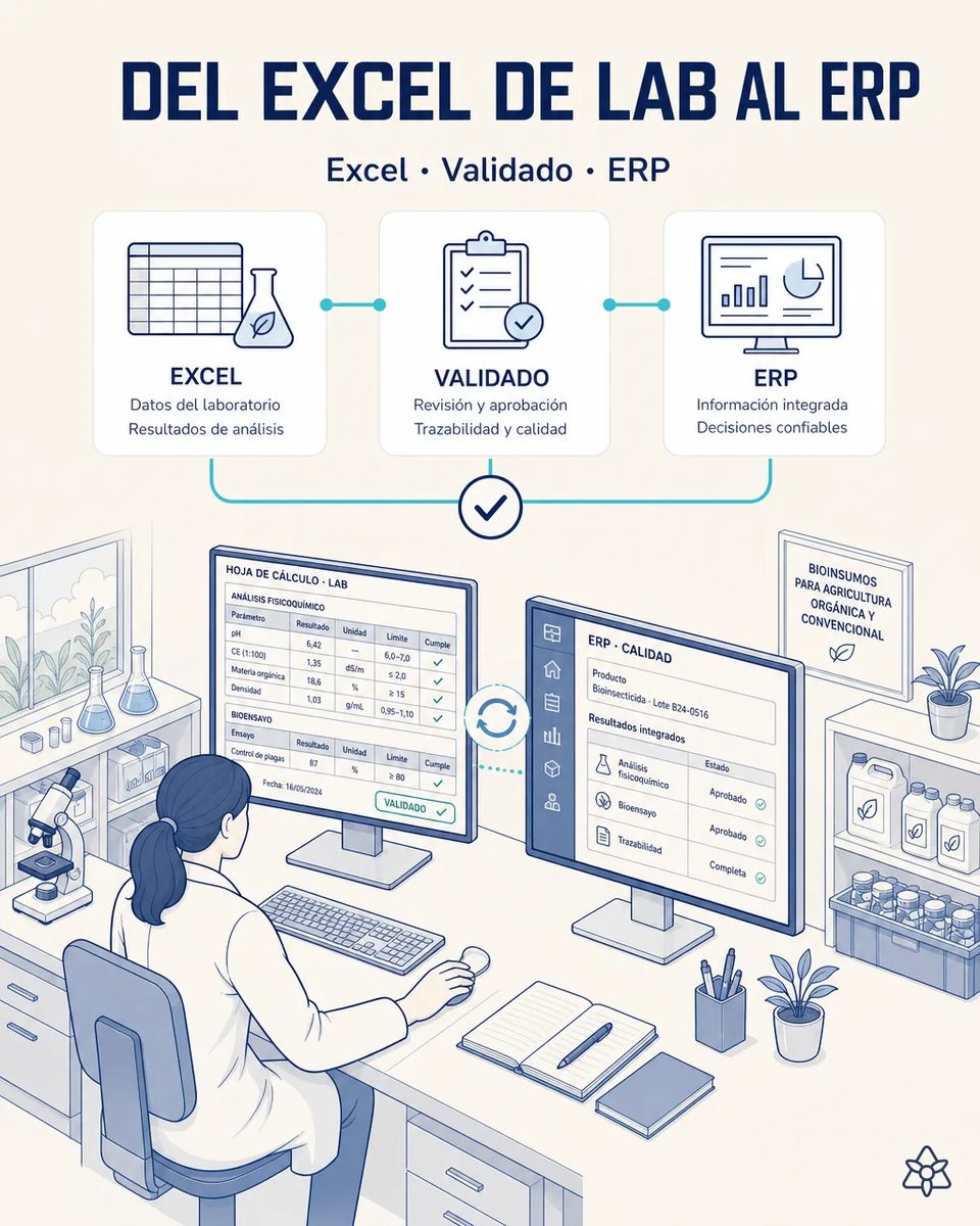 Analista de laboratorio ante dos monitores: la hoja de cálculo con pH, densidad y resultado de bioensayo marcada como validada, y el módulo de calidad del ERP con los resultados ya integrados