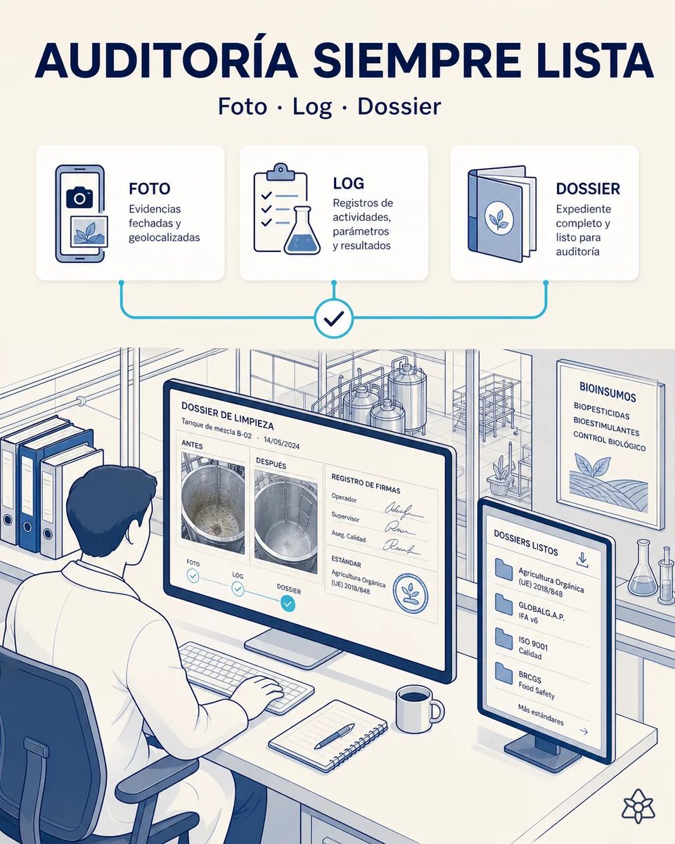 Responsable de calidad revisando en pantalla un dossier de limpieza con fotos antes y después de un tanque de mezcla, registro de firmas y carpetas de evidencia por estándar listas para descargar