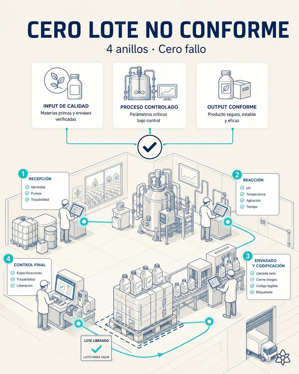 Planta de bioinsumos con cuatro puntos de control enlazados: recepción de materia prima, reactor, envasado y codificación y control final, con un palé de garrafas liberado junto al muelle de carga