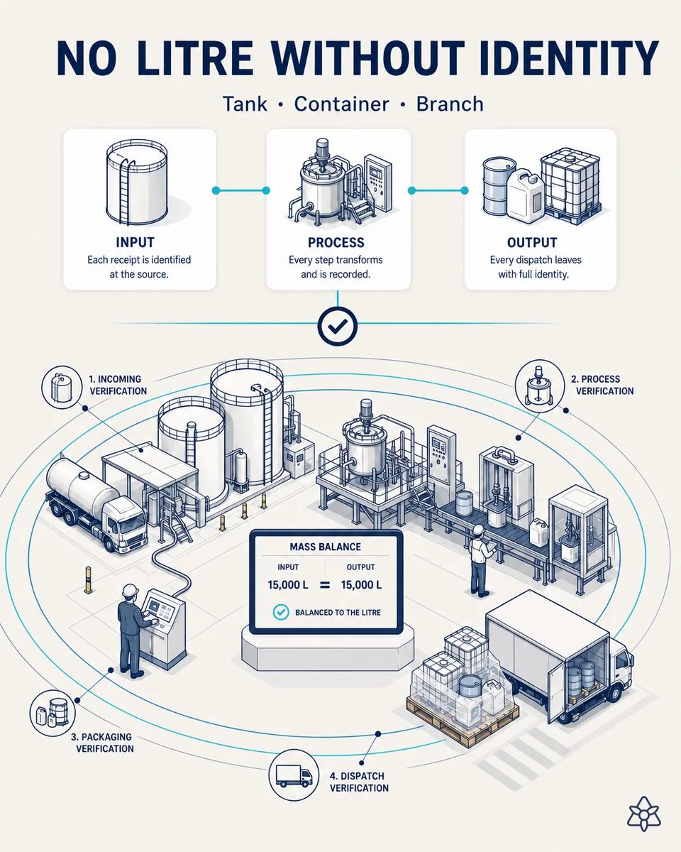 Isometric view of a chemical plant with four verification rings from tanker receiving through blending and packaging to dispatch, and a mass balance screen showing input and output balanced to the liter