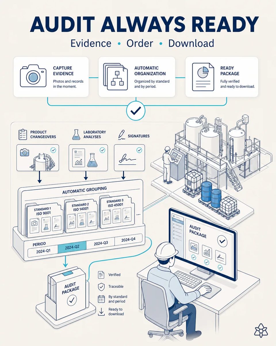 Quality manager at a screen with an audit package ready to download, beside a diagram grouping changeover photos, lab analyses and signatures by standard and by period, with a blending plant behind