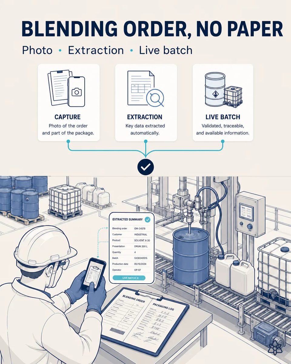 Operator in helmet and gloves photographing a blending order and packaging log with a phone beside a drum filling line, with IBCs, jugs and blue drums behind