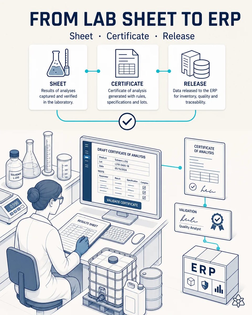 Lab analyst at a bench with flasks, a density meter and a solvent sample bottle, reviewing a draft certificate of analysis on screen before validation and posting to the ERP