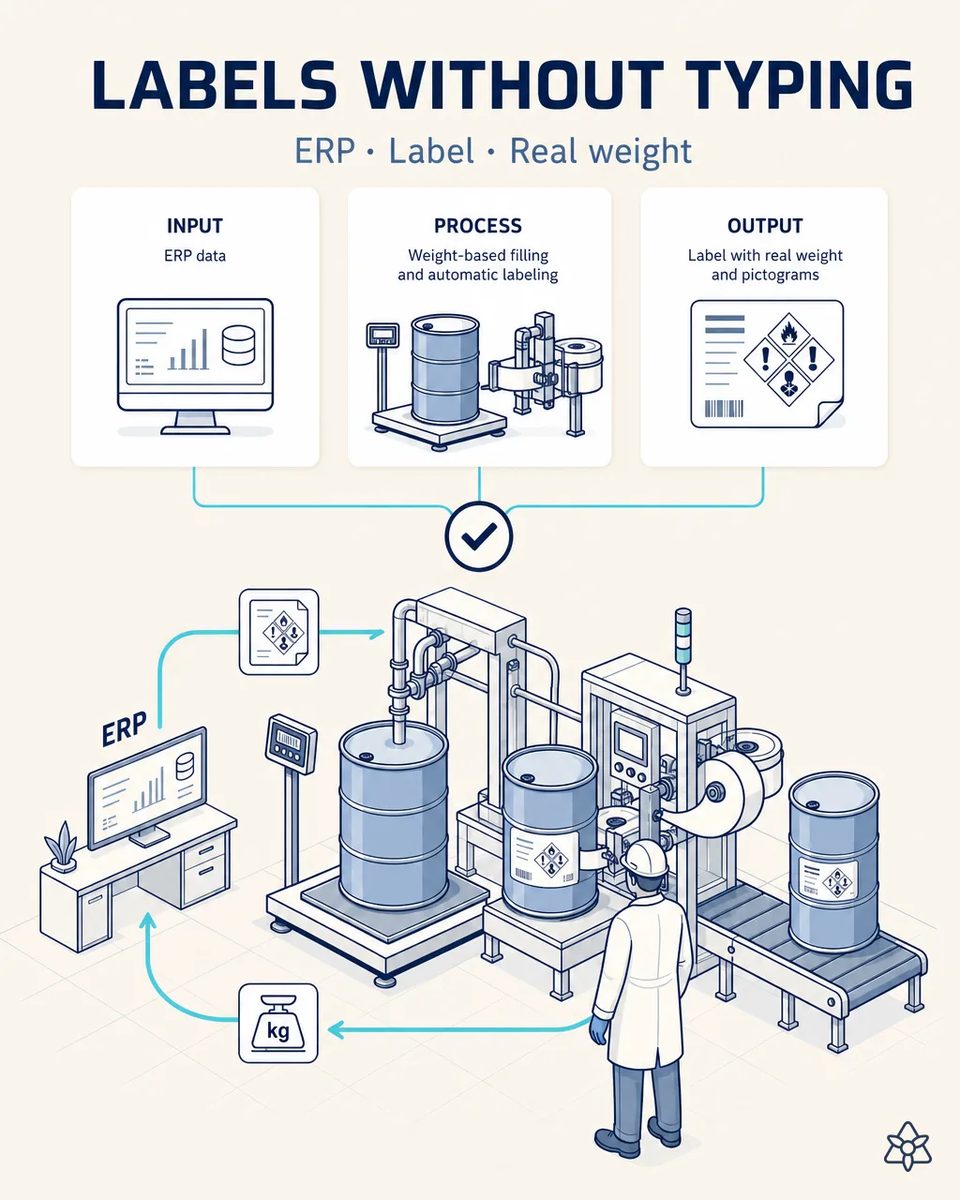 Filling line with a drum on a platform scale under the filling head, a labeler applying a GHS hazard label to the next drum, an ERP screen alongside and an operator watching