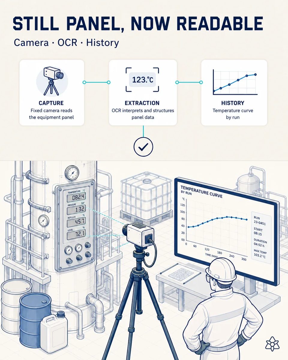 Fixed industrial camera on a tripod aimed at the digital panel of a solvent recovery column, with a screen behind showing the temperature curve of the run and drums and an IBC nearby