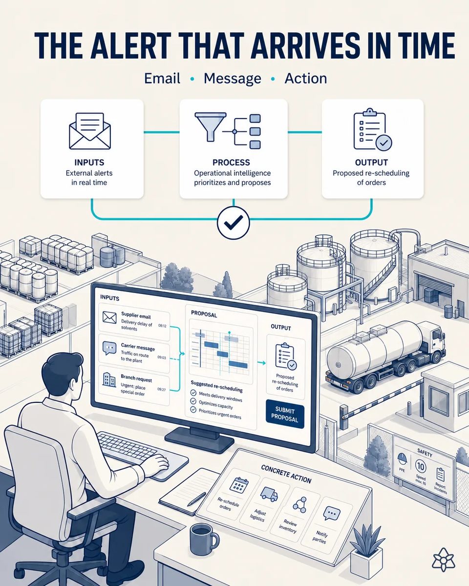 Planner at a screen showing a supplier email, a carrier message and a branch request beside a proposed rescheduling of orders, with a tanker at the plant gate and the tank farm outside