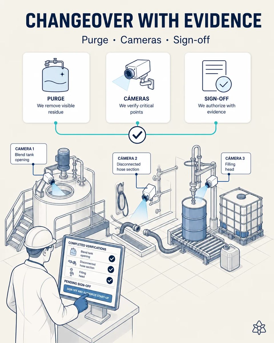 Three Edge cameras aimed at a blend tank opening, a disconnected hose section and a filling head, with an operator at a terminal showing the completed verifications and a pending sign-off for start-up