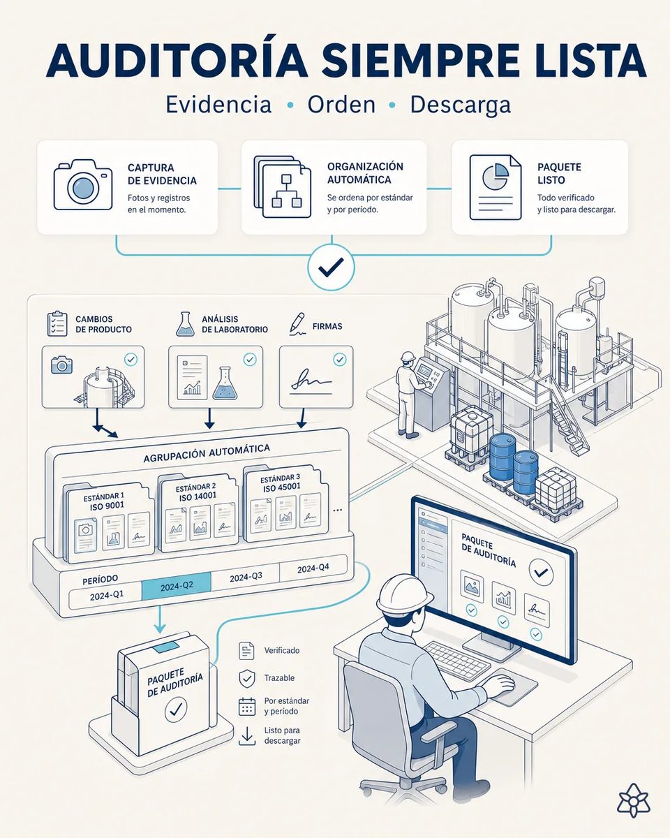 Responsable de calidad ante la pantalla del paquete de auditoría del período, con las fotos de cambios de producto, los análisis de laboratorio y las firmas agrupadas por estándar y el patio de tanques al fondo