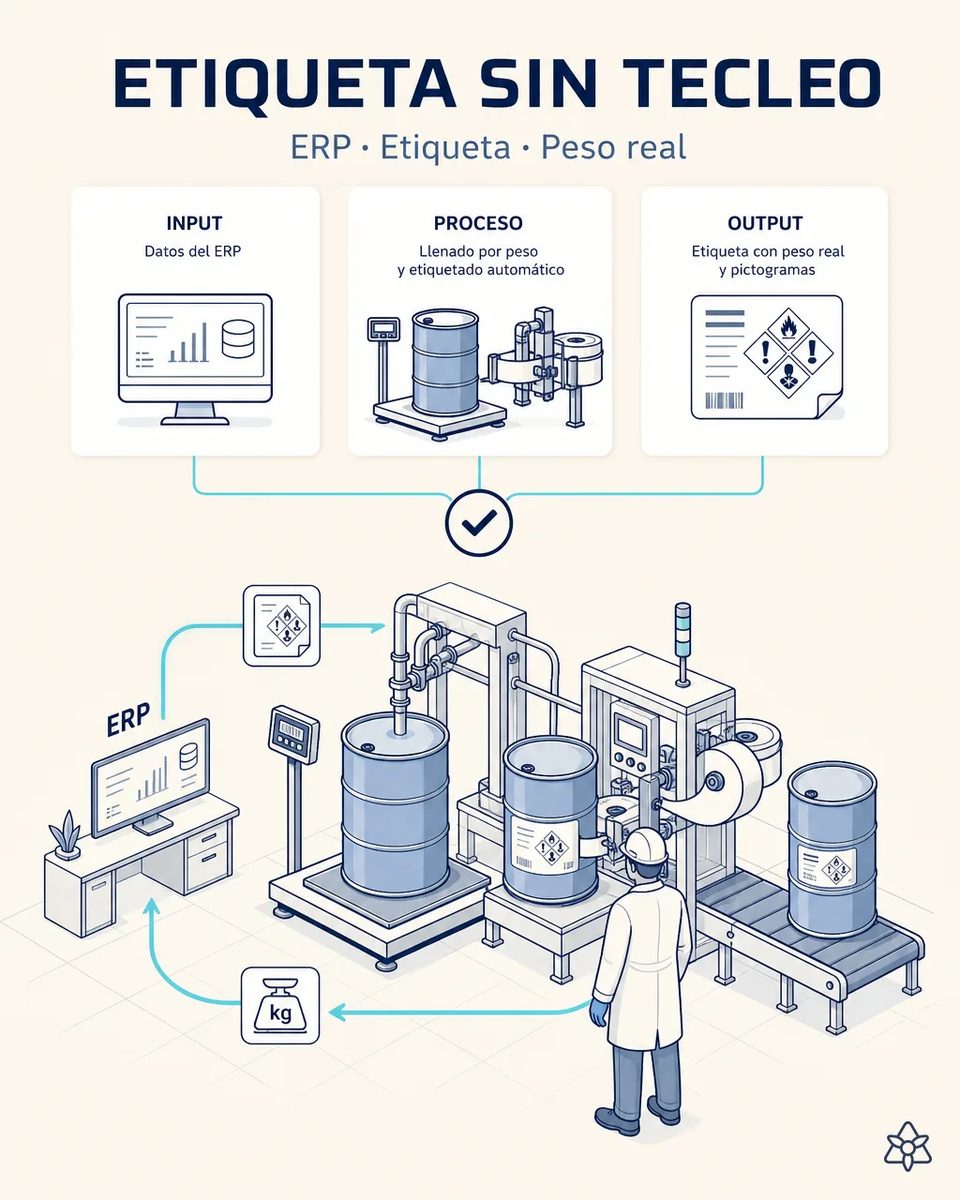 Tambor sobre la báscula de la llenadora recibiendo su etiqueta con pictogramas de peligro desde la etiquetadora, con la pantalla del ERP al lado y el peso real de cada envase devuelto al sistema
