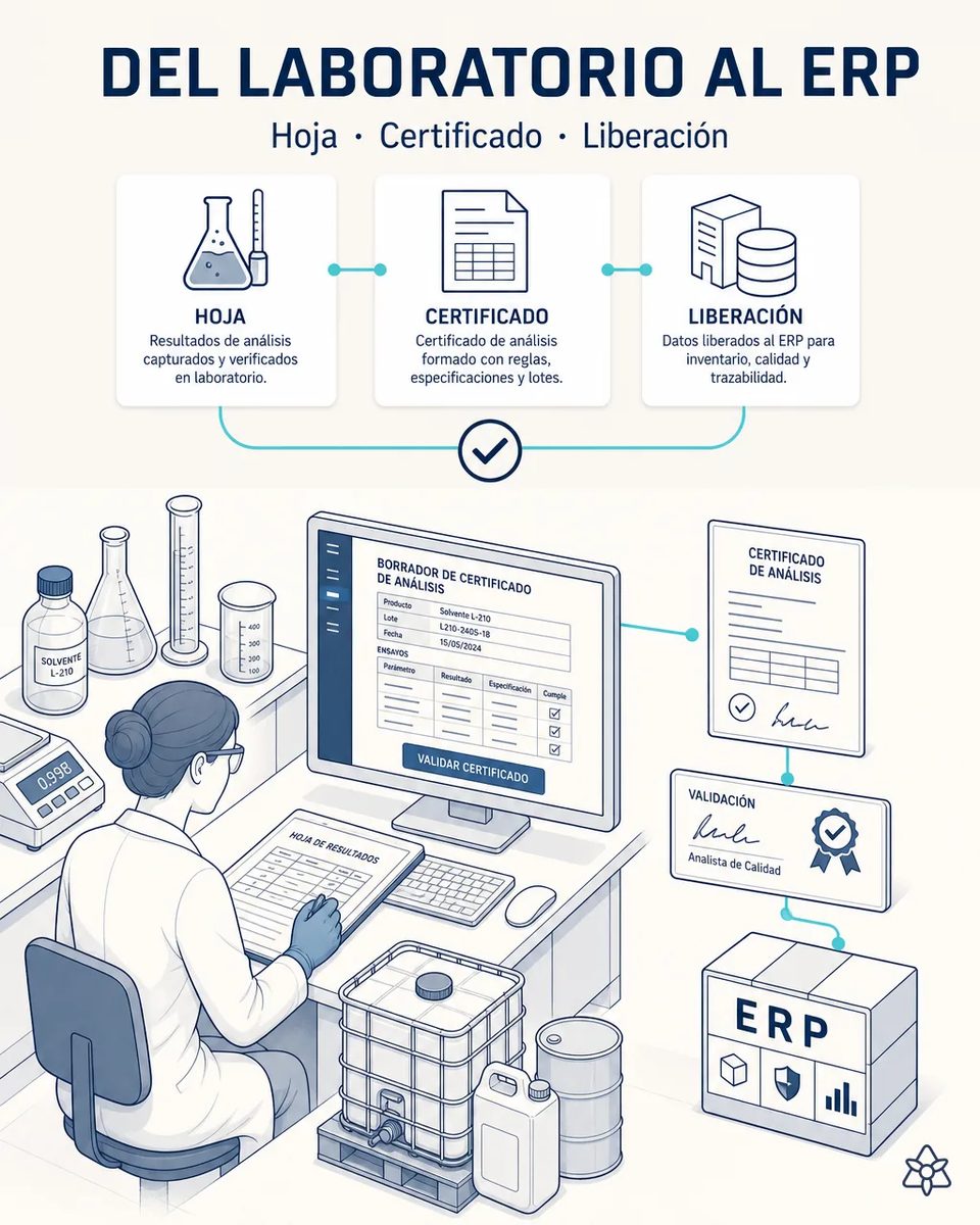 Analista de laboratorio con la hoja de resultados junto a la pantalla donde aparece el borrador del certificado de análisis del lote, con la balanza, el matraz y una muestra de solvente en la mesa