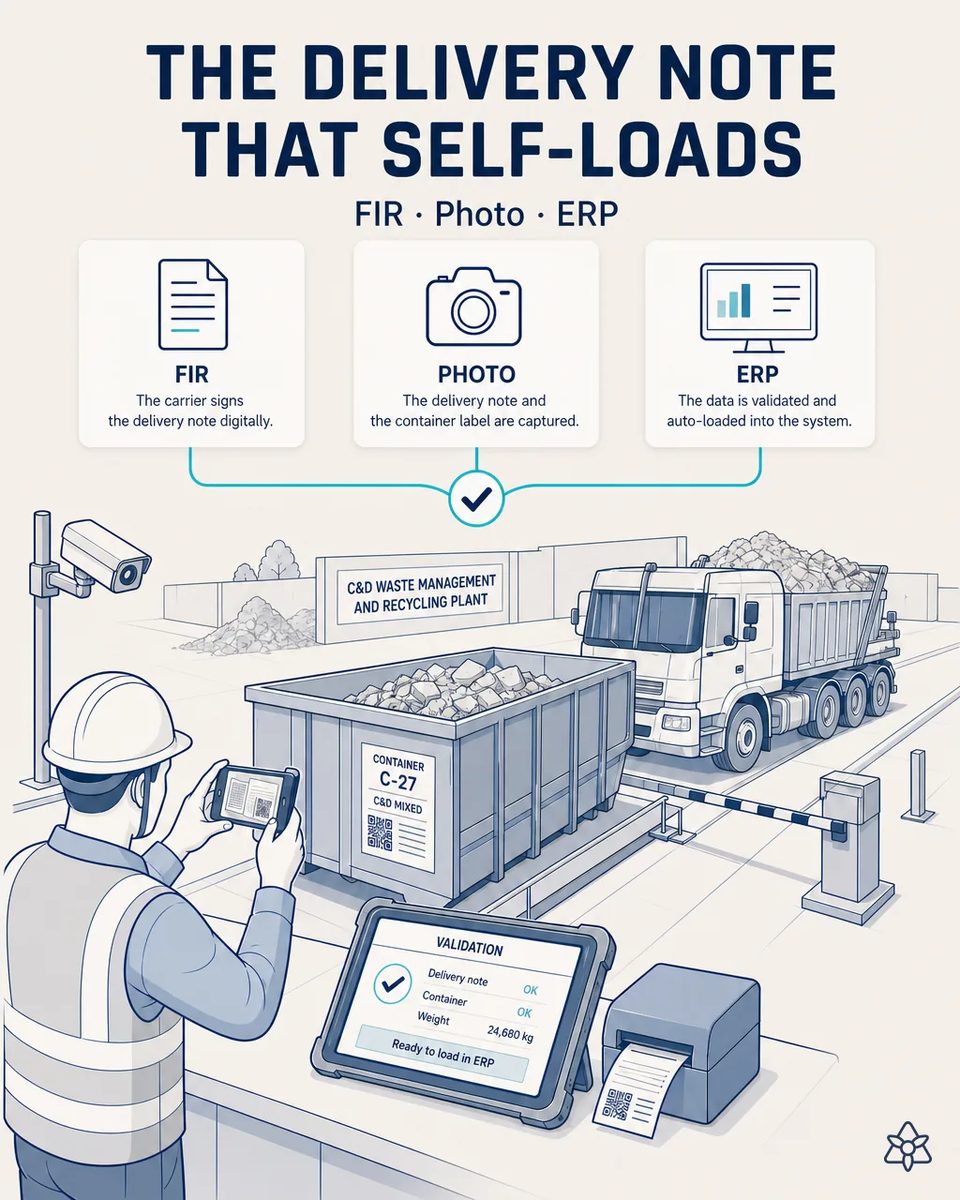 Operator photographing the delivery note with a phone next to a mixed C&D waste container labeled C-27 with a QR code, a dump truck at the barrier and a tablet ready to load the data into the ERP