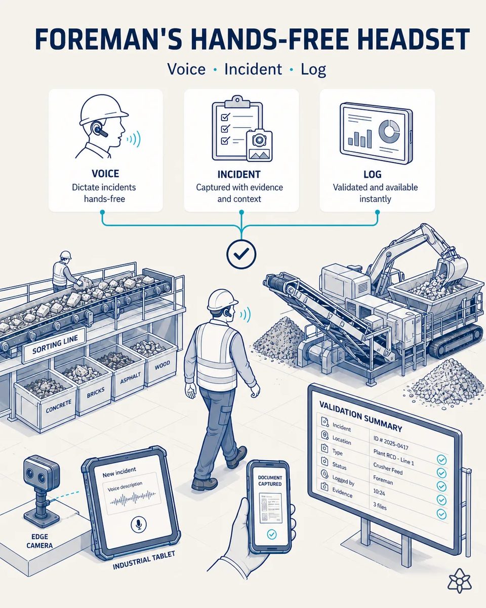 Plant supervisor with a Bluetooth headset walking between a sorting line with concrete, brick, asphalt and wood bins and a tracked mobile crusher fed by an excavator, an incident captured on a tablet