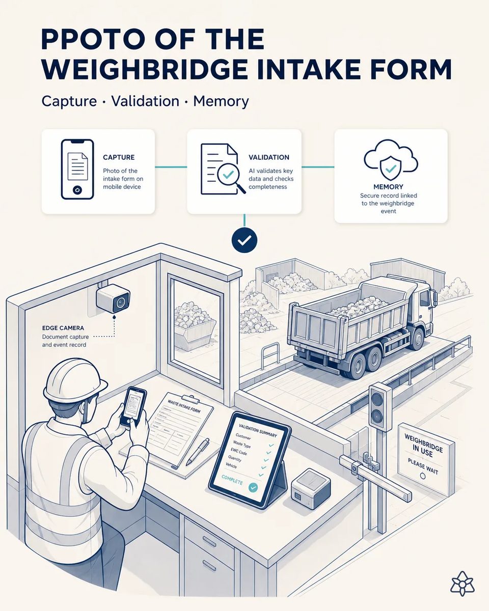 Weighbridge operator in a hard hat photographing the handwritten waste intake form with a phone in the scale booth, a tablet showing the validation summary and a loaded dump truck on the weighbridge outside