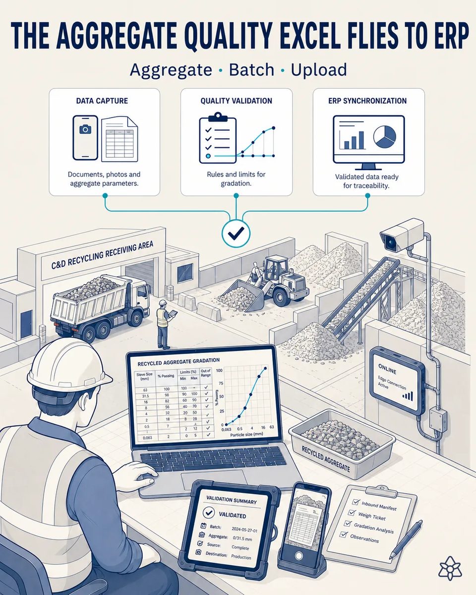 Quality technician at a laptop showing a recycled aggregate gradation table and curve by sieve size, a tray of crushed aggregate beside it and a tablet confirming the validated batch