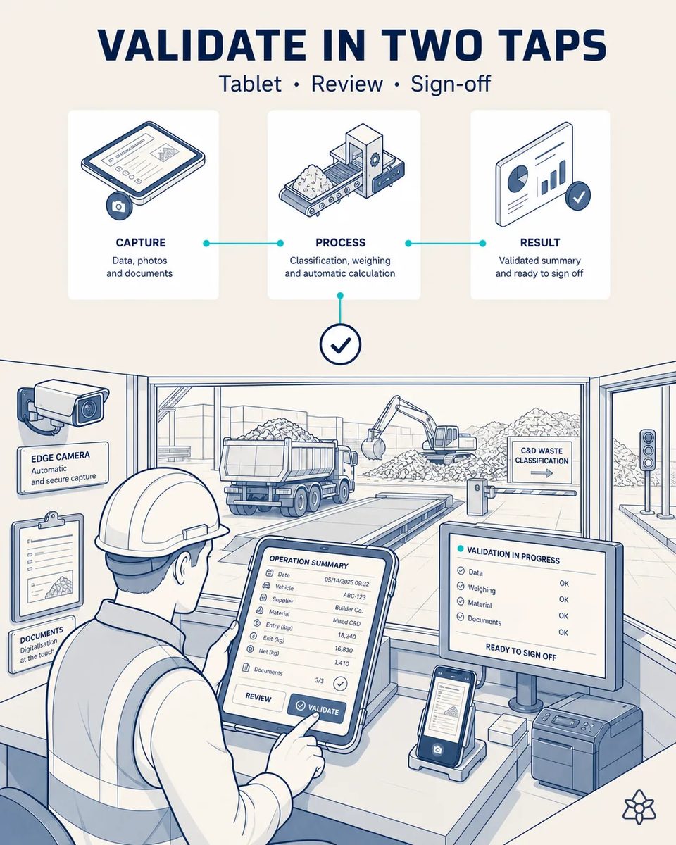 Weighbridge operator in the scale booth tapping validate on a tablet showing vehicle, supplier, mixed C&D material and entry, exit and net weights, with a dump truck on the scale beyond the window