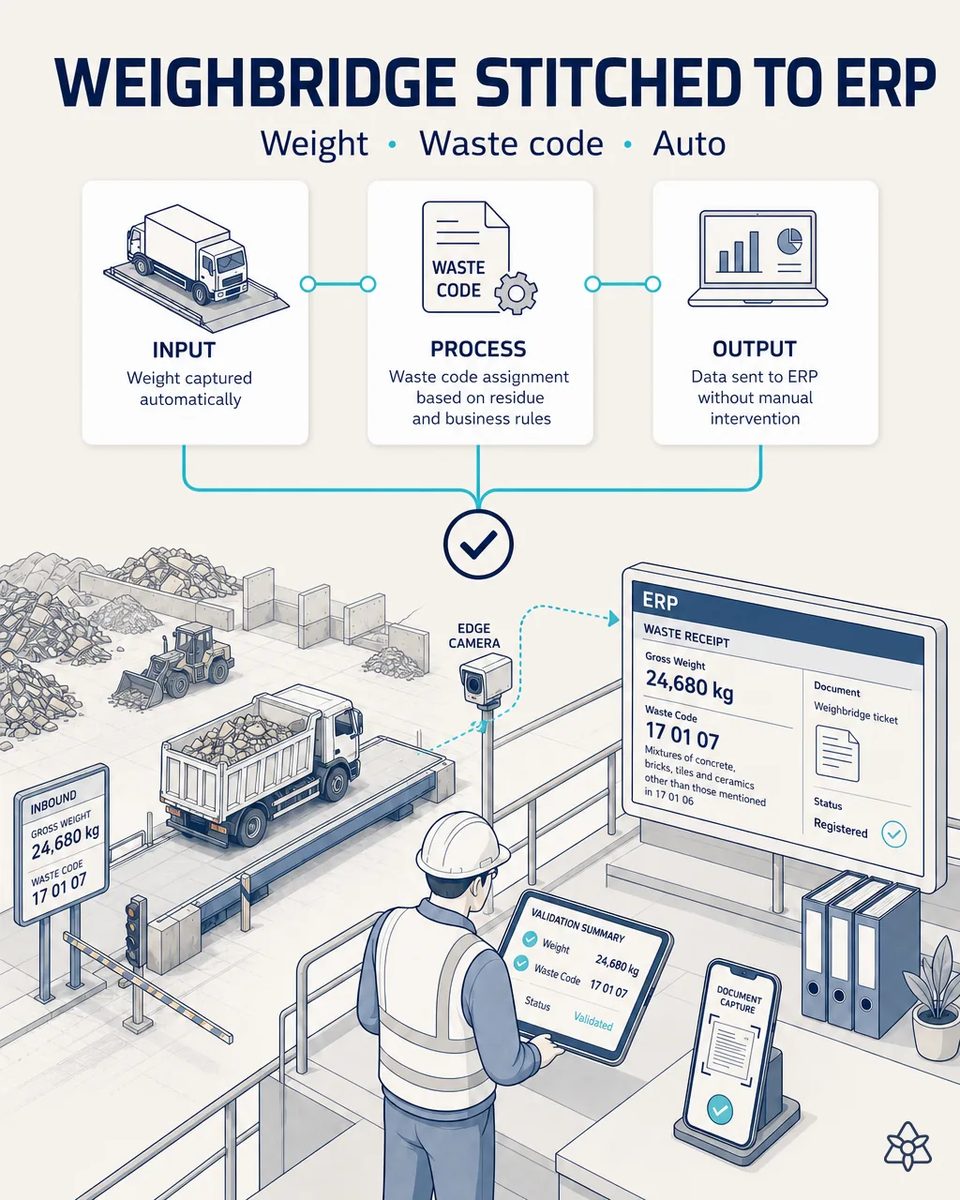 Loaded dump truck on the weighbridge next to an inbound sign showing gross weight and waste code 17 01 07, an ERP waste receipt on screen and an operator confirming the validation summary on a tablet