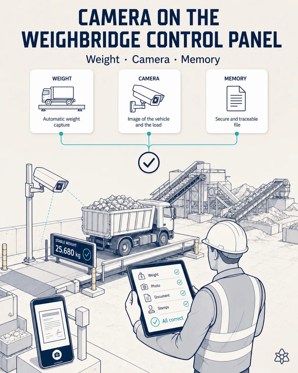 Fixed camera on a pole aimed at a dump truck loaded with rubble on the weighbridge, a large display showing a stable weight in kilograms and an operator checking weight, photo and document on a tablet