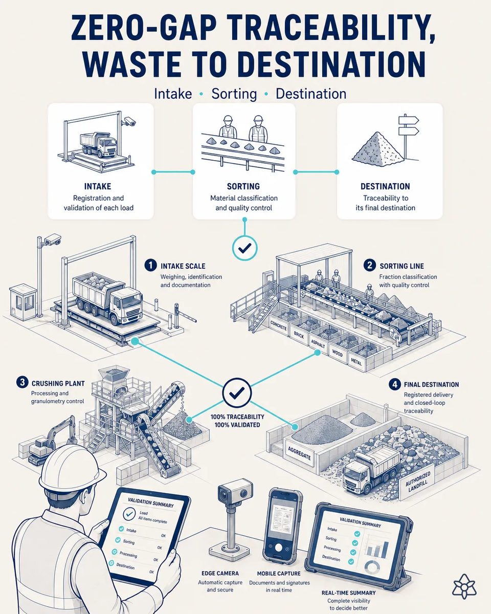 Four linked stations of a C&D plant — intake scale, sorting line with concrete, brick, asphalt, wood and metal bays, crushing plant, and aggregate and authorized landfill — with a supervisor's validation summary