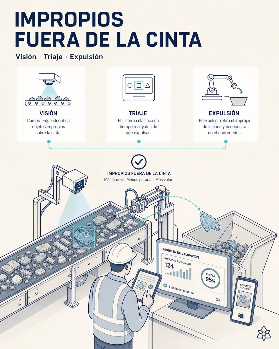 Cámara Edge sobre la cinta de triaje detectando una bolsa de plástico entre los escombros, un brazo neumático expulsándola al contenedor de rechazo y un operario revisando en pantalla impropios expulsados y pureza del 95%
