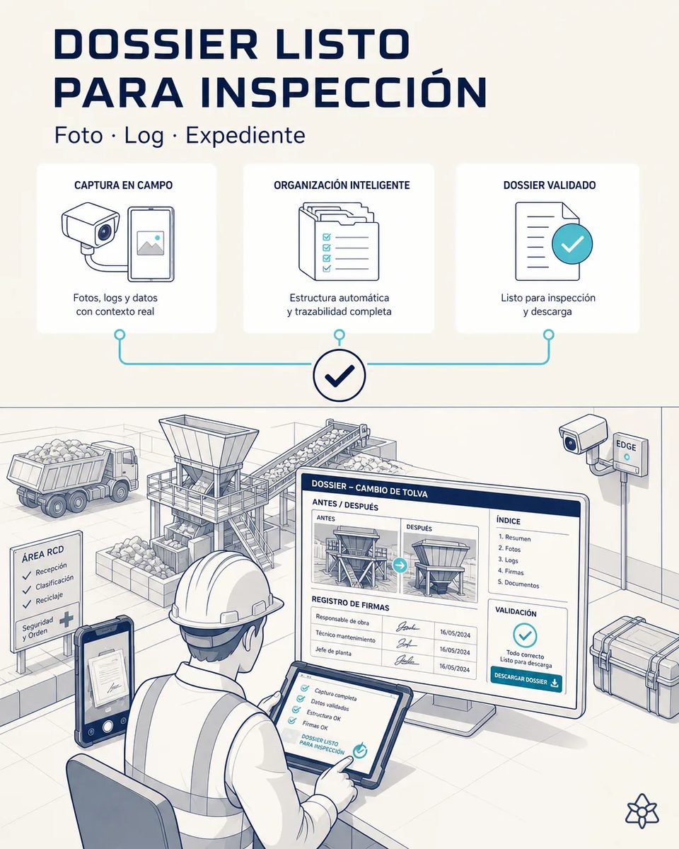 Jefe de planta revisando en pantalla el dossier de un cambio de tolva con fotos de antes y después, registro de firmas e índice, junto a la planta de clasificación y una cámara Edge en la pared