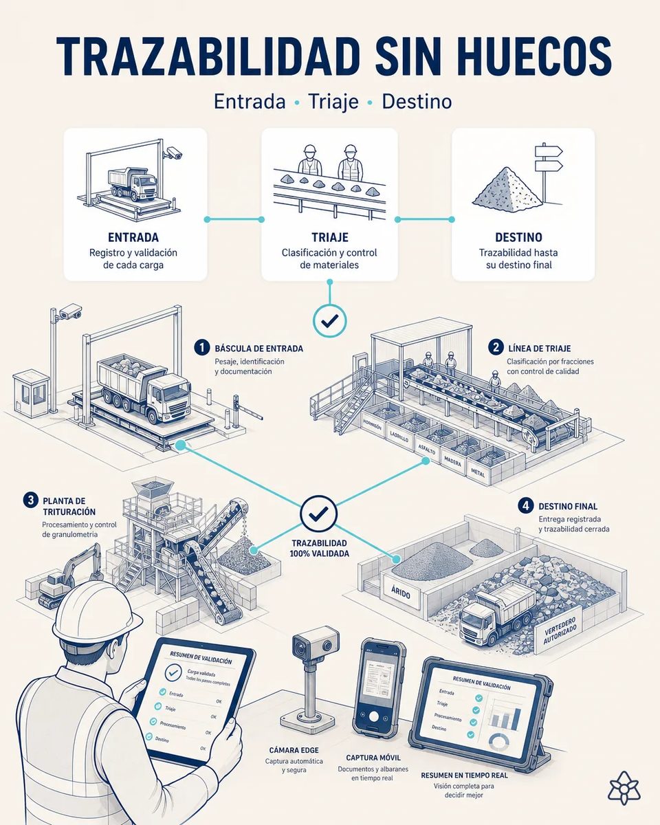 Esquema de una planta de RCD con báscula de entrada, línea de triaje por fracciones, planta de trituración con control de granulometría y destino final en acopio de árido o vertedero autorizado, con un jefe de planta revisando la validación