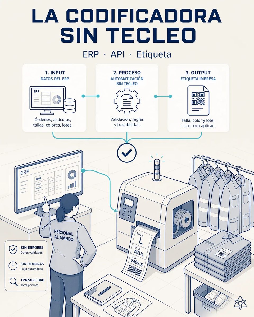 Codificadora industrial imprimiendo una etiqueta de talla L, color azul y lote con código de barras, conectada a una pantalla del ERP, con chaquetas de trabajo con bandas reflectantes colgadas al lado