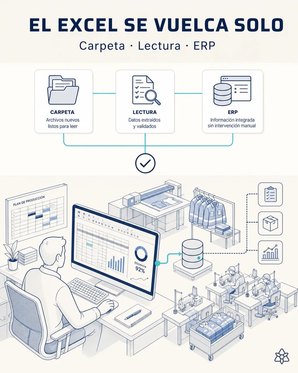 Responsable de mejora continua ante una hoja de cálculo con gráfico de eficiencia del 92 %, conectada a una base de datos del ERP, con líneas de costura y chaquetas de trabajo colgadas al fondo