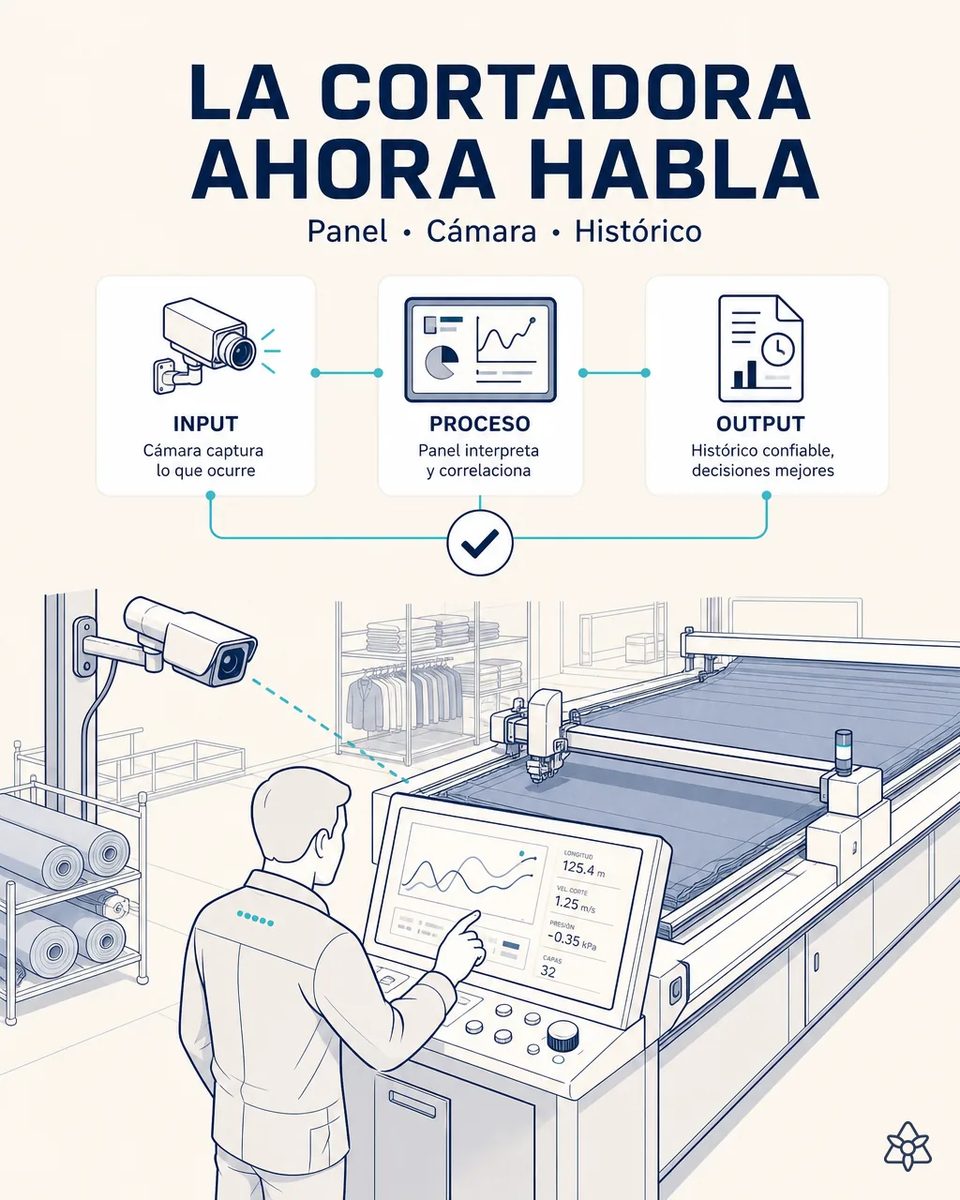 Cámara industrial fija en un poste apuntando al panel táctil de una cortadora automática de tejido, con longitud, velocidad de corte, presión de vacío y número de capas en pantalla y rollos de tela al lado