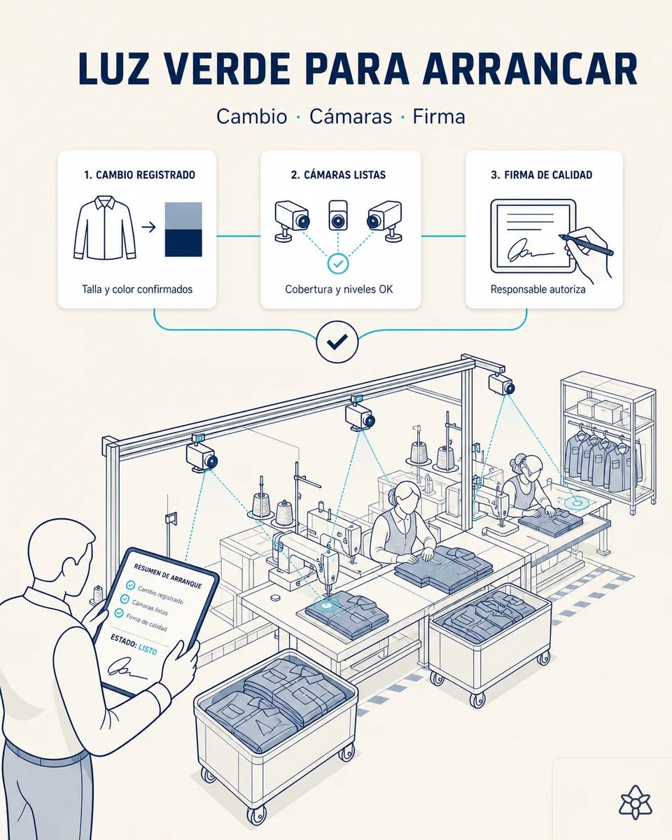 Tres cámaras en un pórtico sobre una línea de costura de chaquetas de trabajo verificando cada puesto, con un responsable sosteniendo una tableta con el resumen de arranque en estado listo