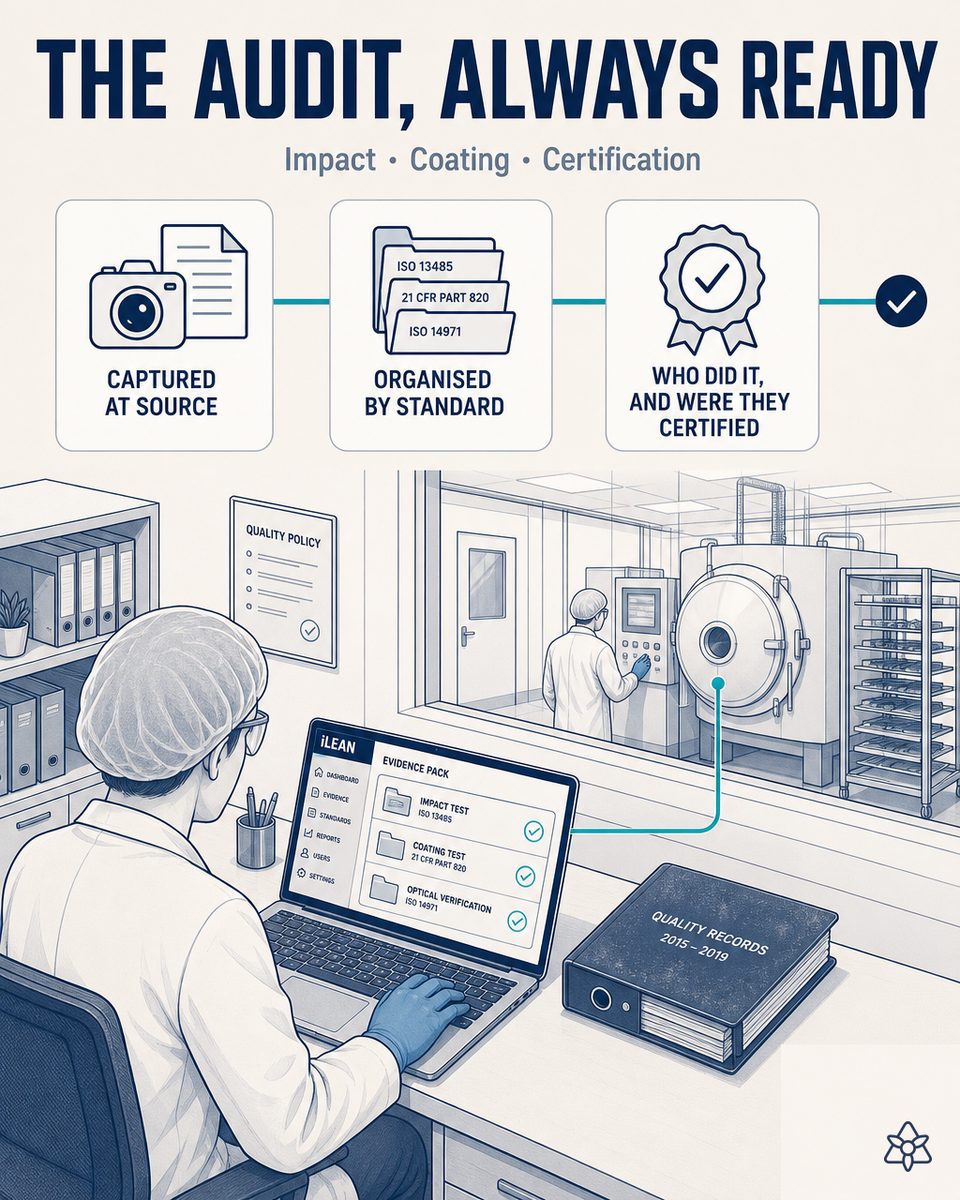 Quality manager of an optical plant downloading the period's evidence pack generated by iLEAN Agents from the evidence captured at the source by Edge and Connect