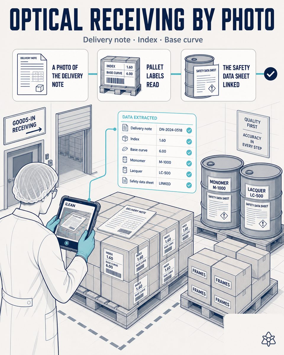 Receiving manager of an optical plant photographing the supplier's delivery note and the label of a semi-finished lens pallet with the tablet, while iLEAN Connect extracts batch, quantity and expiry for the ERP feed