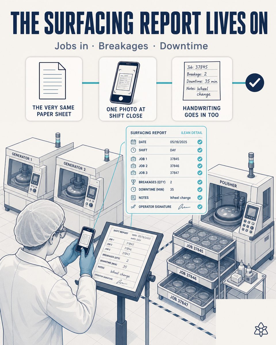 Line manager of an ophthalmic lens surfacing laboratory photographing the shift report with the tablet at close — Connect extracts jobs, breakages, stoppages and the hand-written cause and leaves them in the central system at second zero