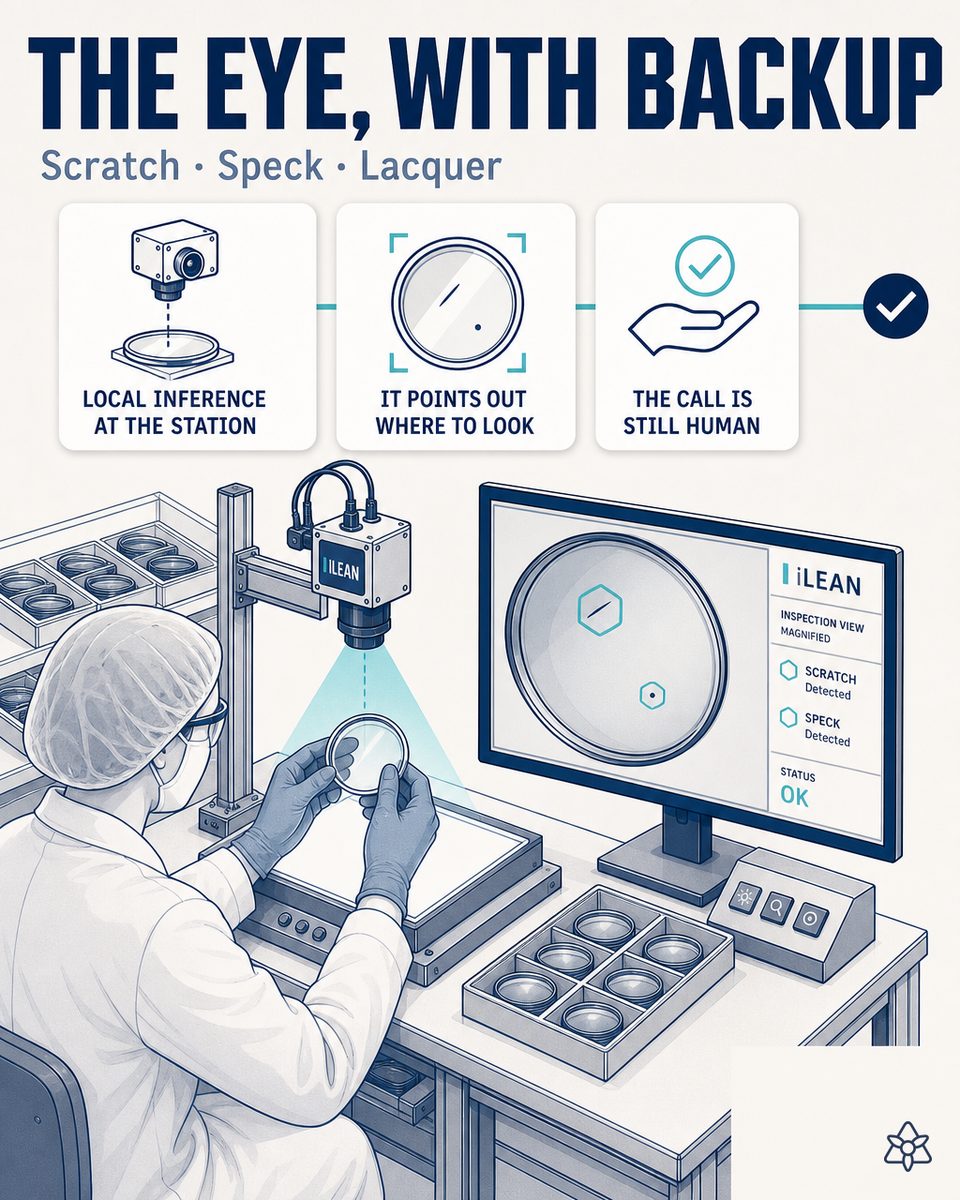 iLEAN Edge camera with controlled lighting inspecting lenses at the coating exit in an optical plant, with the cosmetic defect highlighted on screen for the inspector to decide