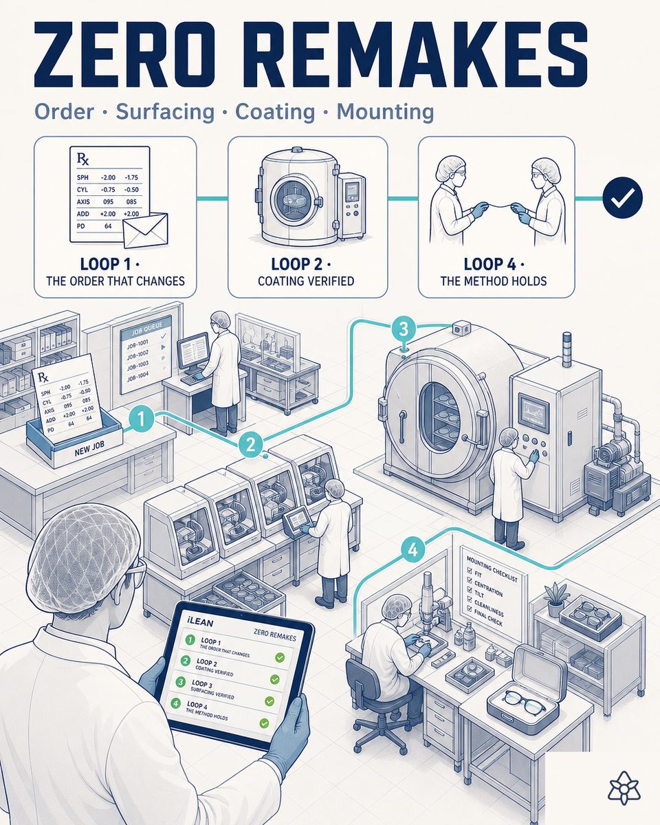 Control room of an optical plant with the four cross-checked iLEAN verification rings — order, surfacing, optical verification and mounted pair — over the complete lens manufacturing flow