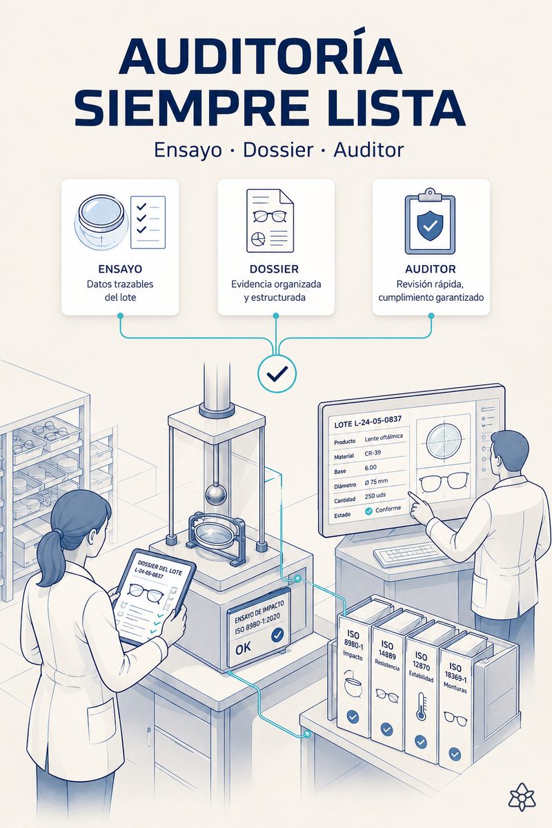 Responsable de calidad de una planta óptica descargando el evidence pack del periodo generado por iLEAN Agents a partir de la evidencia capturada en origen por Edge y Connect